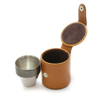 10 Small Cups and Tan Leather Case