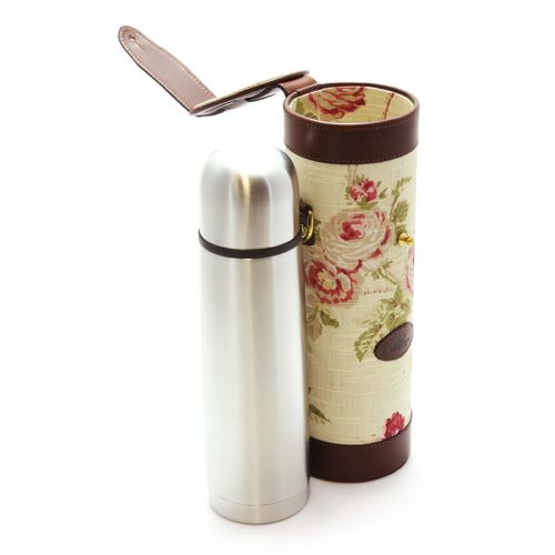 Rose Pattern and Pappya Leather Thermos Flask and Carry Case