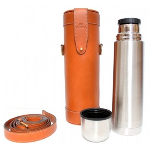 Tan Leather Thermos Flask and Carry Case