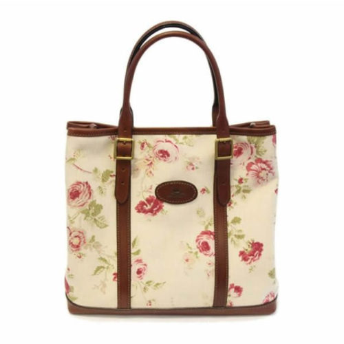 Rose Pattern and Leather Tote Bag